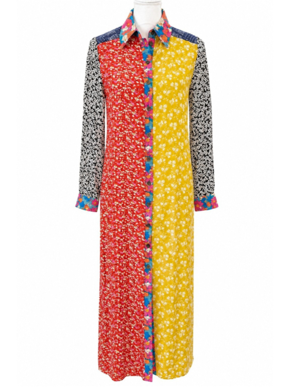 Natural Life Patchwork Shirt Dress Sz XS Boho Colorblock Floral Midi Rayon Slits